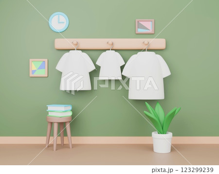 3Dレンダリングの白いTシャツと室内 123299239
