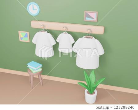 3Dレンダリングの白いTシャツと室内 123299240