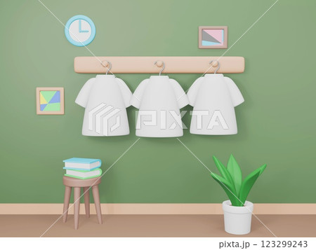 3Dレンダリングの白いTシャツと室内 123299243