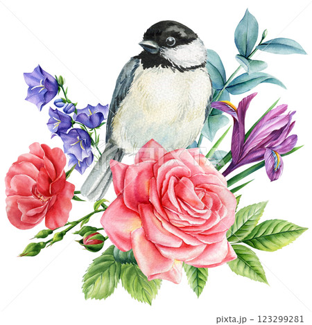 Beautiful spring bird with colorful garden flowers drawn in watercolor on isolated white, hand drawn easter bird design Beautiful spring bird with colorful garden flowers drawn in watercolor on isolated white, hand drawn easter bird design 123299281