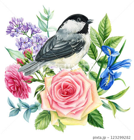 Beautiful spring bird with spring flowers drawn watercolor on isolated white, floral Botanical illustration for design 123299282
