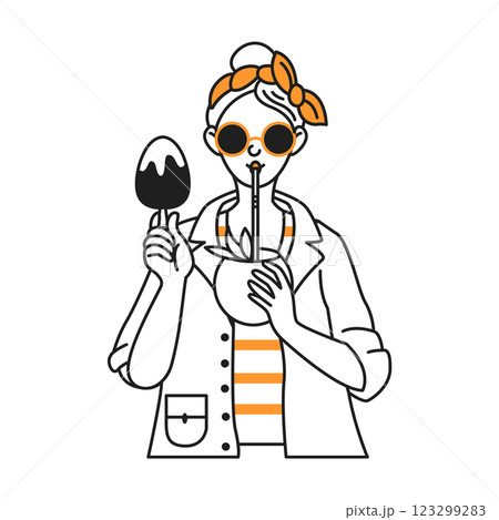 Stylish woman with ice cream and coconut drink 123299283