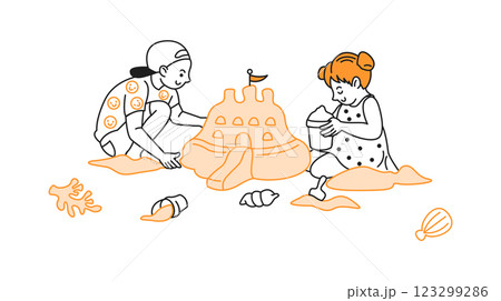 Children building a sandcastle Children building a sandcastle 123299286