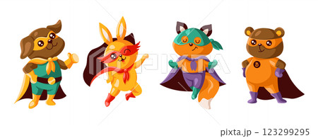 Cartoon animal superheroes with colorful costumes Cartoon animal superheroes with colorful costumes 123299295