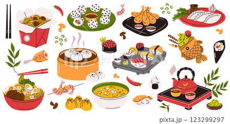 Assorted Asian food in colorful doodle style 123299297