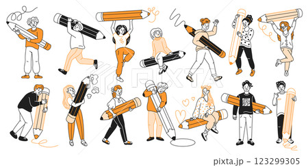 Copywriters designers artists with pencils linear icons 123299305