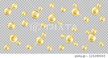 Multiple golden collagen molecules realistic color icons set 123299343