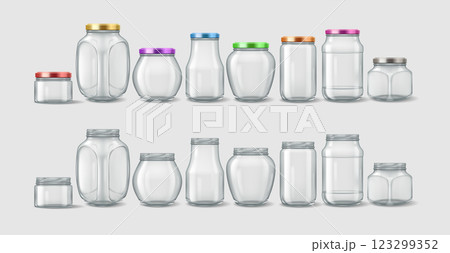 Collection of transparent jars with and without lids Collection of transparent jars with and without lids 123299352