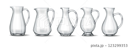 Collection of five unique transparent glass jugs 123299353