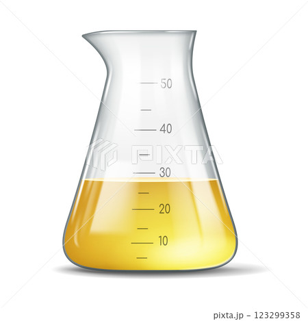 Glass Laboratory Beaker with Yellow Liquid 123299358