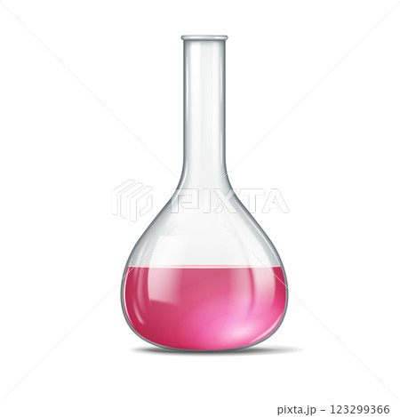 Glass Flask with Pink Liquid on White Background 123299366