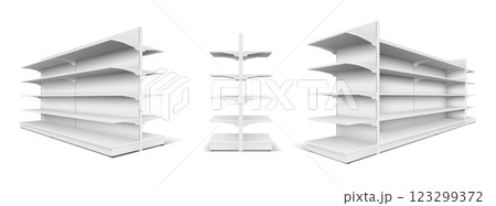 3D Realistic Supermarket Shelf Mockup with Five Shelves and Empty Space 123299372