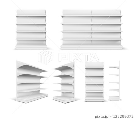 3D Realistic Supermarket Shelf Mockup with Full Shelf and Side View 123299373