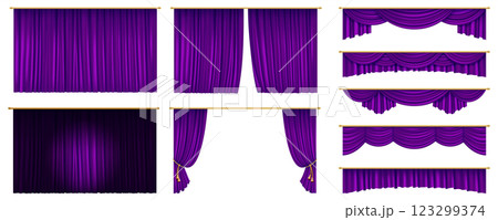 Purple royal theater curtains for dramatic effect 123299374