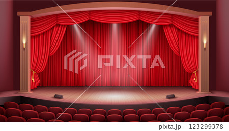 Classic theater stage with luxurious red curtain and warm lighting Classic theater stage with luxurious red curtain and warm lighting 123299378