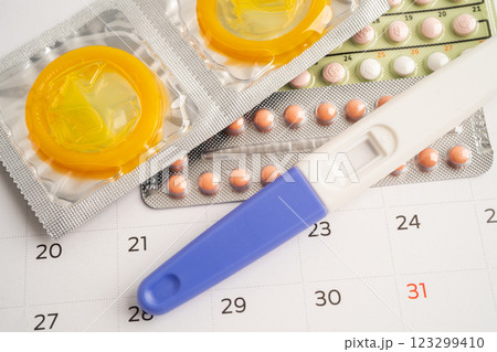 Pregnancy test and birth control pills on calendar, contraception health and medicine. 123299410