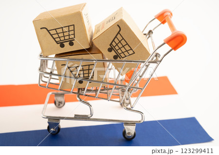 Box with shopping online cart logo and Netherlands flag, Box with shopping online cart logo and Netherlands flag, 123299411