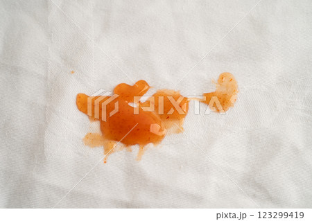 Dirty tomato sauce stain or ketchup on cloth to wash with washing powder, cleaning housework. Dirty tomato sauce stain or ketchup on cloth to wash with washing powder, cleaning housework. 123299419