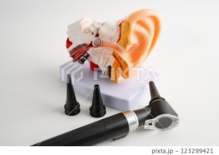 Otoscope with model for audiologist or ENT doctor use otoscope checking ear and treat hearing loss problem. 123299421