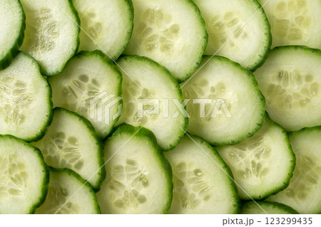 Fresh cucumber juicy slices background. Texture of sliced raw green cucumber. 123299435