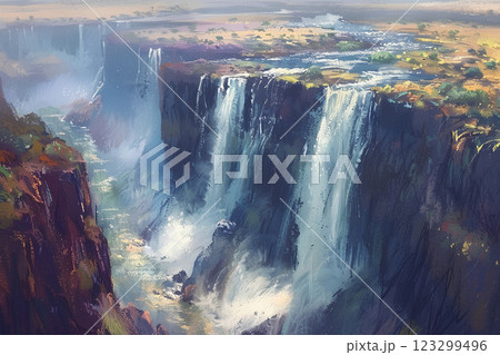 世界遺産　ヴィクトリアの滝  圧巻の迫力（パステル画） 123299496