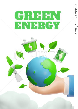 Planet earth in hand with Green energy symbols, alternative ecological power sources, environmental 3D vector poster Planet earth in hand with Green energy symbols, alternative ecological power sources, environmental 3D vector poster 123299503