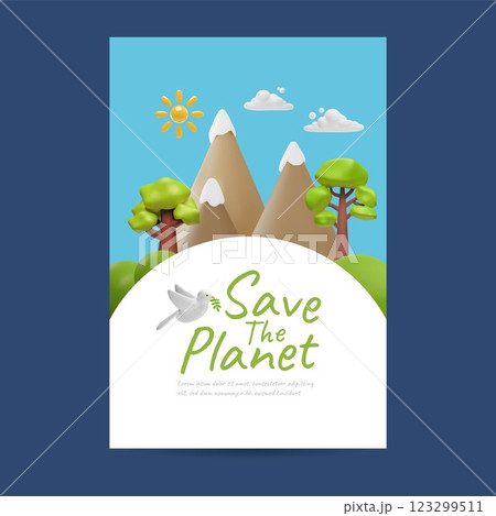Save the planet 3D cartoon poster vector design, nature landscape with green trees, mountains and flying white dove bird 123299511