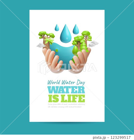 3D human hands holding a planet with trees and water drops. 3D human hands holding a planet with trees and water drops. 123299517