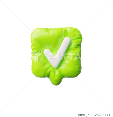 3D glossy green inflated balloon speech bubble with check mark vector icon, volume chatting box approved message symbol 123299553