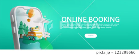 3d banner with mobile phone, bus with suitcase, earth, hot air balloon and clouds. 123299660