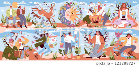 Spring Equinox illustration. Represents the arrival of spring with vibrant scenes of nature, outdoor activities, and communal celebrations. Highlights renewal, growth, and joy of longer days. Vector 123299727