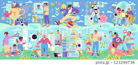 Beta Generation concept. This illustration captures the essence of the youngest generation engaging with technology, social media, and science. It reflects a world of innovation, learning, and 123299736