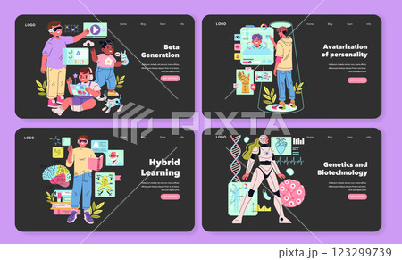 Beta Generation concept. Representation of the youth engaged with technology, education, and innovation. Showcases elements like virtual learning, digital avatars, and hybrid learning environments 123299739