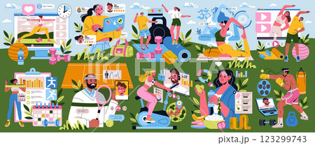 Remote personal training is illustrated through various activities showcasing virtual workouts, nutrition guidance, and fitness tracking, engaging users in a healthy lifestyle. This content emphasizes 123299743