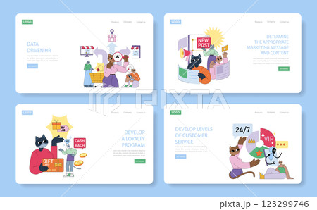 Marketing Tools illustration showcases diverse strategies for effective promotion. It features talent improving customer engagement and service experiences. Visualize innovative loyalty and marketing 123299746