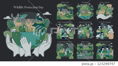 Wildlife Protection Day illustration. Celebrating the connection between humans and wildlife, this design features diverse species, community efforts in conservation, and educational initiatives. It 123299747