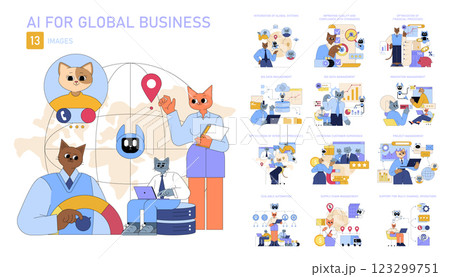 AI for global business strategies. Illustrates the integration of AI in diverse functions like data management, financial optimization, and customer experience enhancement. Captures a modern 123299751