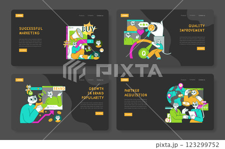 Business Cat concept. Engaging illustrations featuring cat characters in various marketing and business scenarios. Topics include successful marketing, brand growth, quality improvement, and partner 123299752