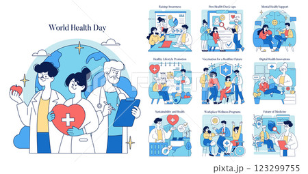 World Health Day highlights global health initiatives and awareness. It promotes preventive measures, mental health support, lifestyle improvements, vaccinations, and digital health innovations 123299755