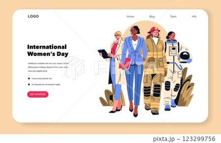 International Women's Day celebration through diverse roles representing strength and achievement. Illustrated figures from various professions highlight women's contributions in society, showcasing 123299756