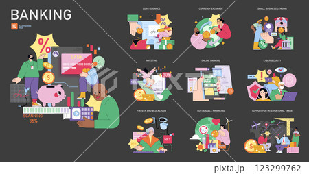 Essential aspects of modern banking services. Loan issuance, currency exchange, small business support, investing, online banking, blockchain technologies, cybersecurity, and sustainable finance 123299762