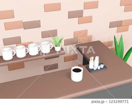 3Dレンダリングのマグカップとおしゃれなカフェの店内 123299771