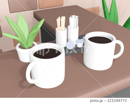 3Dレンダリングのマグカップとおしゃれなカフェの店内 123299773