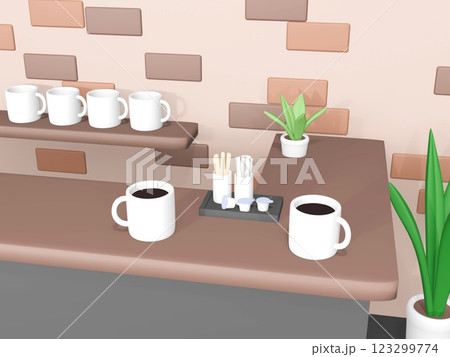 3Dレンダリングのマグカップとおしゃれなカフェの店内 123299774