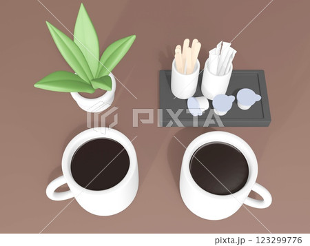 3Dレンダリングのマグカップとおしゃれなカフェの店内 123299776
