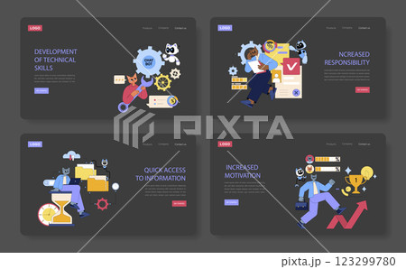 AI Assistant for Work. The illustration showcases various scenarios where an AI assistant enhances productivity and efficiency in the workplace, highlighting skill development and motivation. Vector 123299780