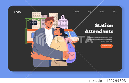 Train travel experience enhanced by staff engagement. Travelers embrace station attendants amid a transit landscape showcasing trains and urban scenery. Connections fostered through friendly 123299798