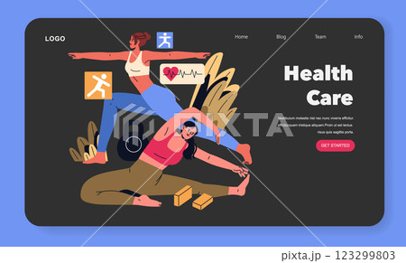 Health Care vector illustration. Celebrating wellness and fitness through active lifestyles. Women engaging in exercise and stretching while emphasizing health indicators like a heart rate. Encourages 123299803
