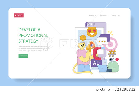 Marketing strategy development illustrated through engaging visuals. Features playful characters using digital tools for effective promotion. Focused on creativity, engagement, and modern techniques 123299812