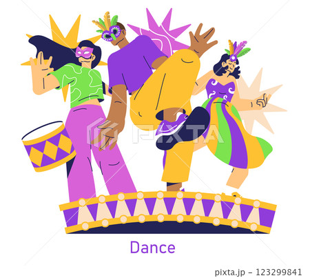 Mardi Gras celebration scene. Dancers showcase vibrant energy and joy, surrounded by colorful costumes and accessories. The atmosphere captures the essence of festivity, rhythm, and cultural 123299841